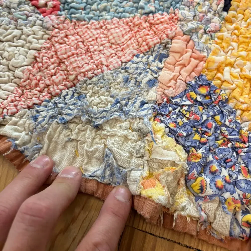 Vtg Crazy Patchwork Quilt Handmade Scrunchy Cotton Colorful 54x69” Feedsack?